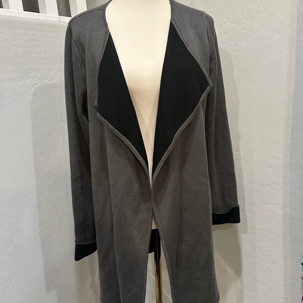 Joan Vass Charcoal Open Front long  Cardigan with black‎ lining